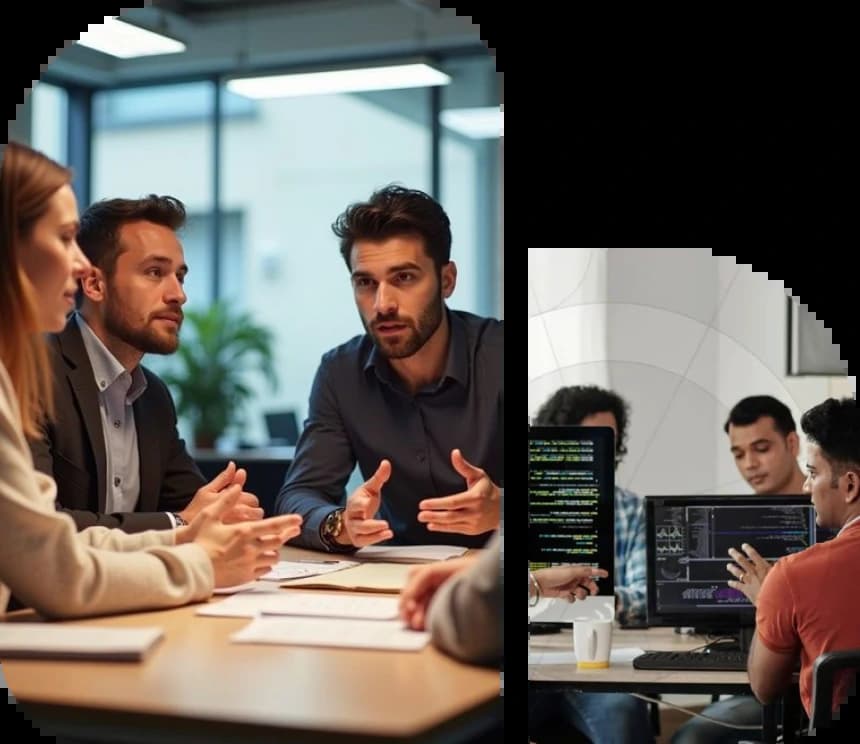Team meeting and developers working together at Meda Technology