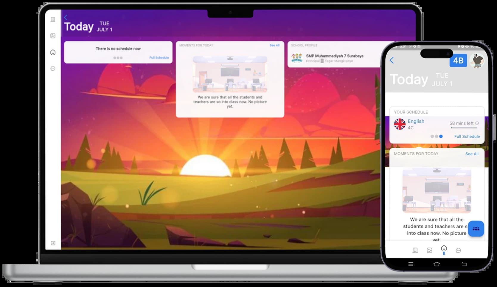 Digital learning platform interface displayed on web and mobile devices featuring online classes, assessments, and student dashboards