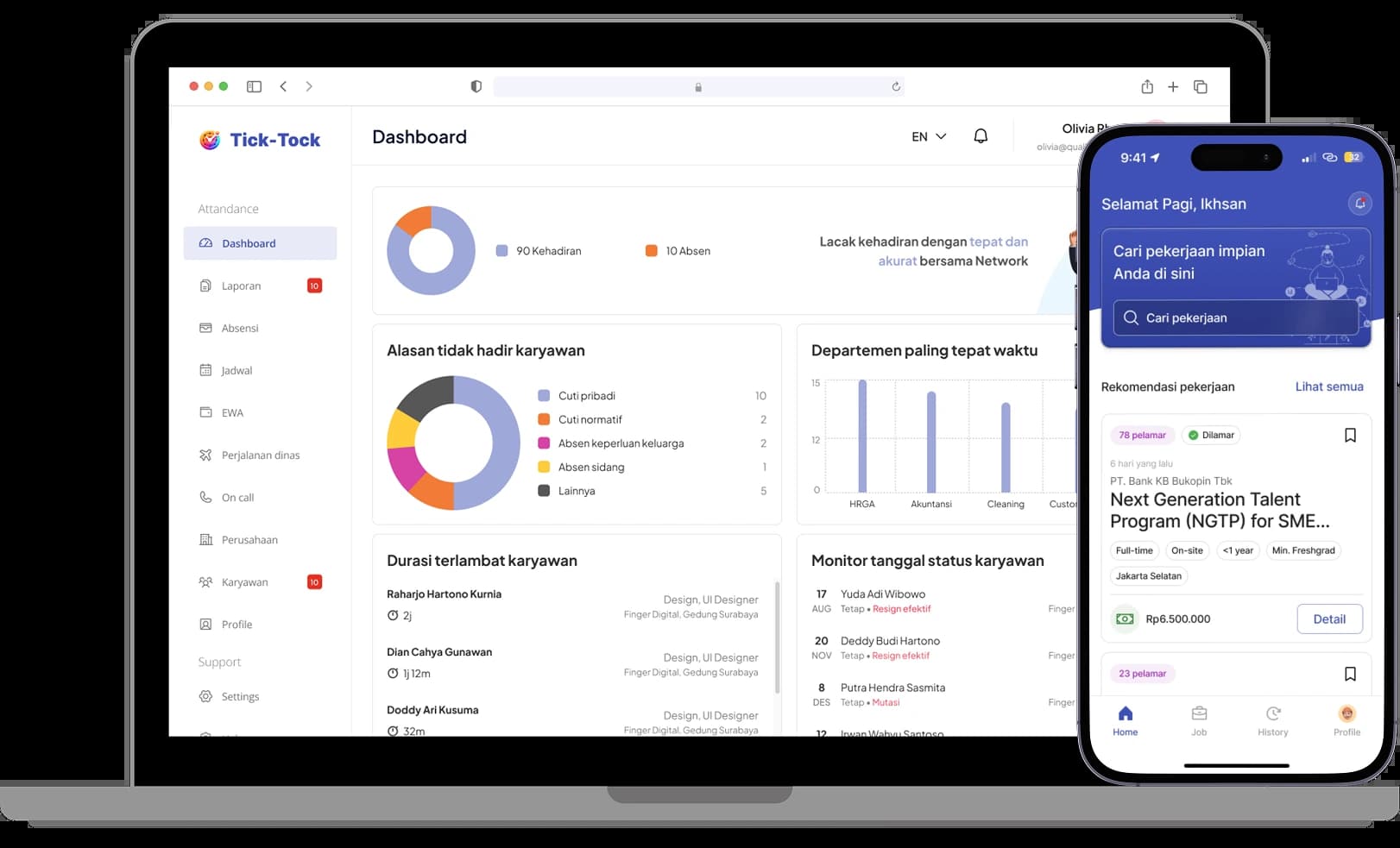 HR and hiring management system shown on web and mobile includes attendance tracking, job matching, and real-time analytics.